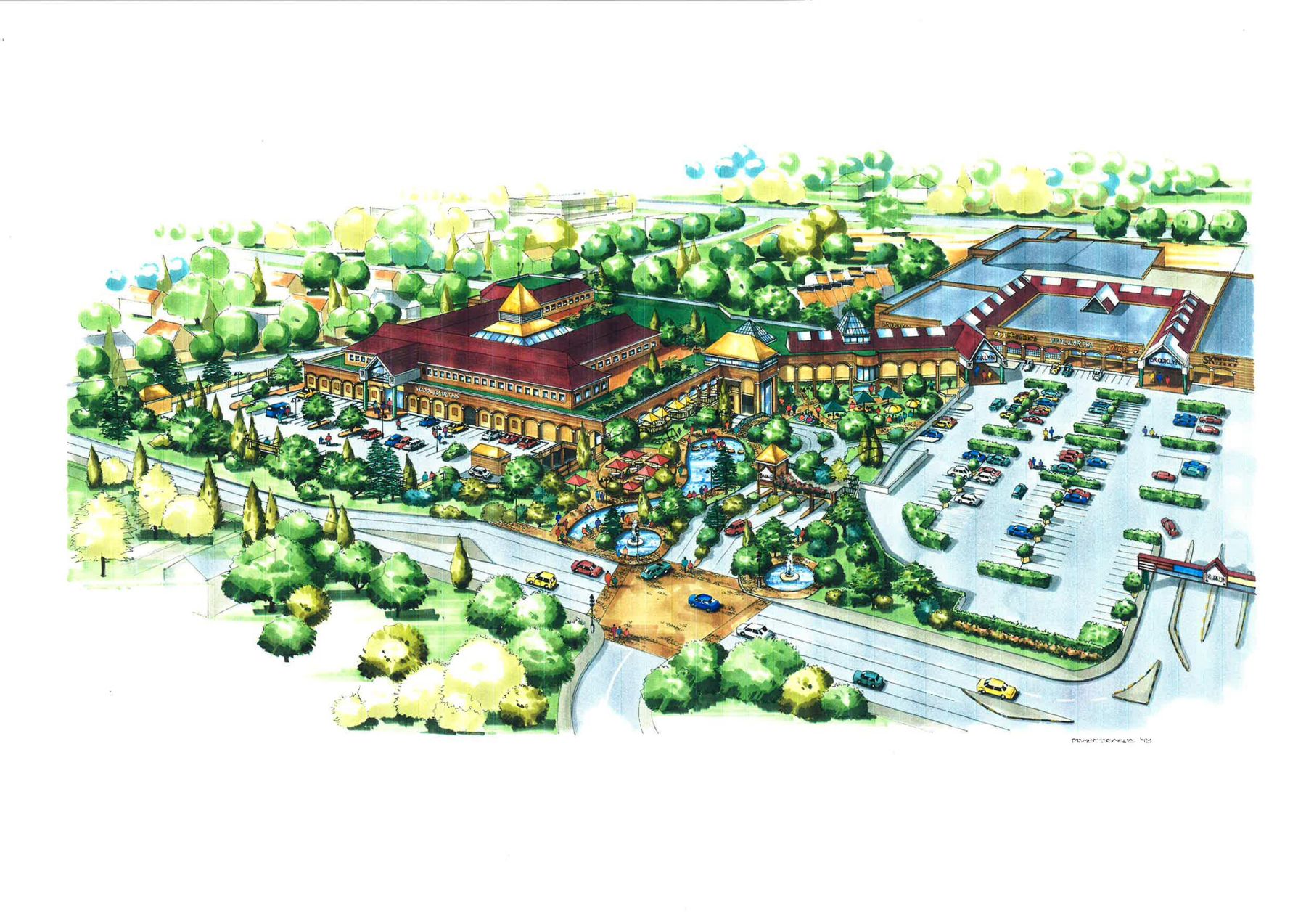 Hand-drawn aerial perspective of a commercial development by Debby Searle