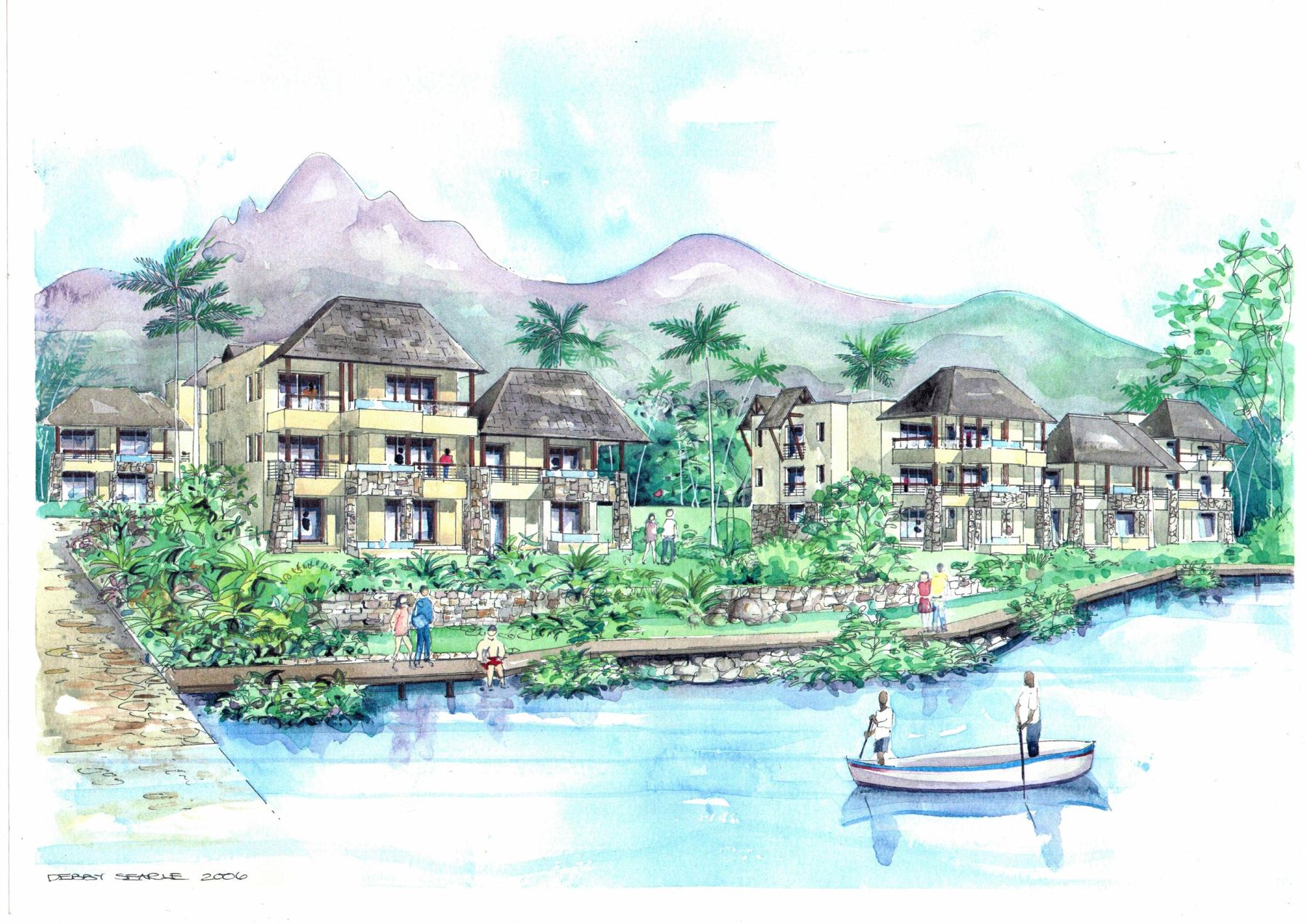Hand-painted watercolour artist's impression of a lagoon-side resort in Mauritius, signed Debby Searle 2006