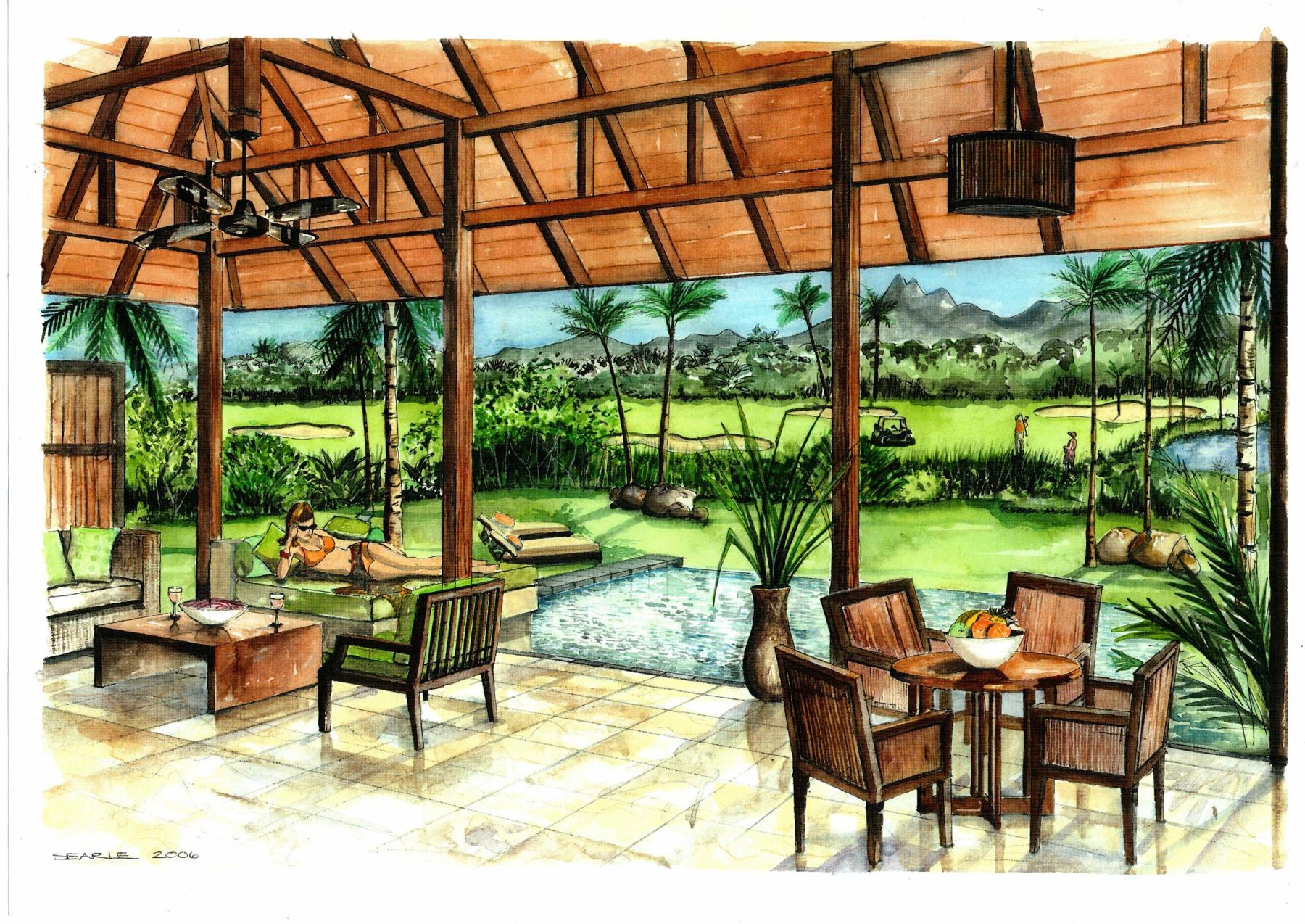 Open-sided living pavilion — hand-drawn by Debby Searle